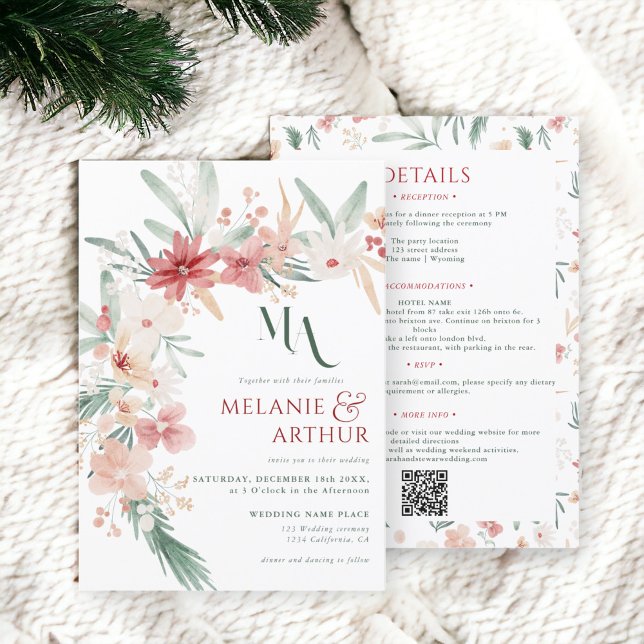 Invitación Elegante Boho Floral Winter Wedding Código QR (Elegant Boho Floral Winter Wedding QR code Invitation)