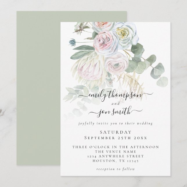 Invitación Elegante Boho Florals Eucalyptus Pastel Boda (Anverso / Reverso)