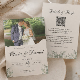Invitación Elegante Boho Foto Todo en Uno con Boda QR