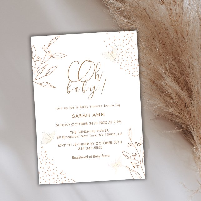 Invitación Elegante Boho Gold deja Baby Shower mariposa (Elegant Boho Gold Leaves Butterfly Baby Shower Invitation)