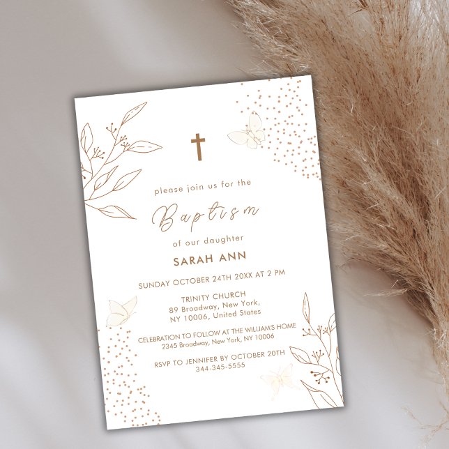 Invitación Elegante Boho Gold deja el bautismo de la cruz de  (Elegant Boho Gold Leave Butterfly Cross Baptism Invitation)