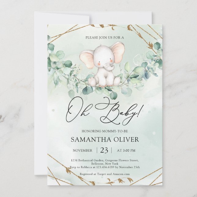 Invitación Elegante Boho Greenery Eucalytpus Elephant Oh Baby (Anverso)
