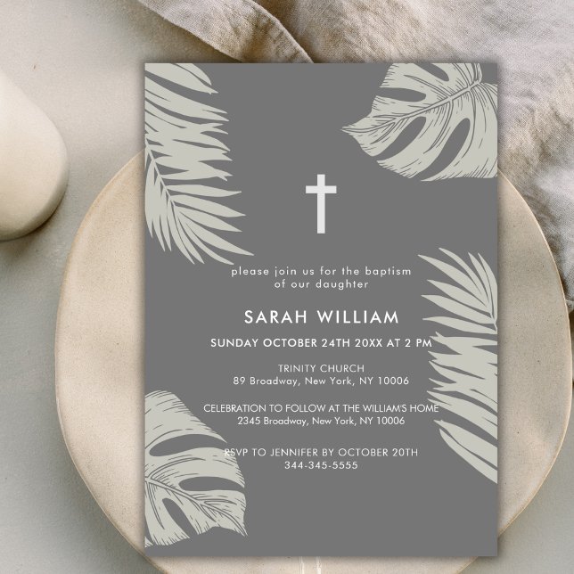 Invitación Elegante Boho gris deja el bautismo cruzado (Elegant Grey Boho Leave Gold Cross Baptism Invitation)