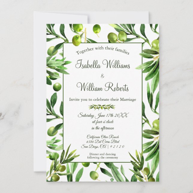Invitación Elegante Boho Jardín de hojas de oliva (Anverso)