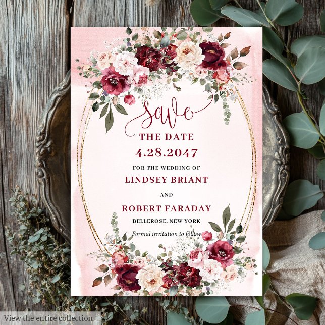 Invitación Elegante Boho Marsala Rubor Floral Guardar Fecha (Elegant Boho Marsala Blush Gold Floral Save the Date

)