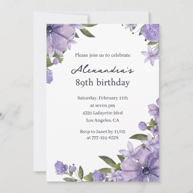 Invitación Elegante Boho morado Floral 89 cumpleaños (Anverso)