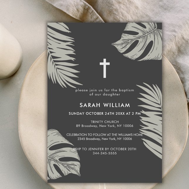 Invitación Elegante Boho negro deja el bautismo cruzado (Elegant Black Boho Leave Gold Cross Baptism Invitation)