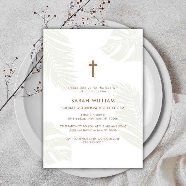 Invitación Elegante Boho neutral deja el bautismo de la cruz  (Elegant Neutral Boho Leave Gold Cross Baptism Invitation)