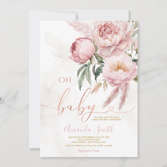 Invitación Elegante Boho Oh bebé Rosa Flor Baby Shower (Anverso)