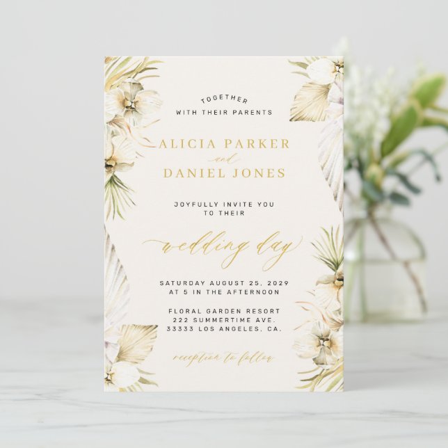 Invitación Elegante boho pampas boda floral tropical (Anverso de pie)