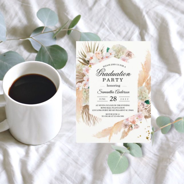 Invitación Elegante Boho Pampas y fiesta de graduación de orq (Subido por el creador)