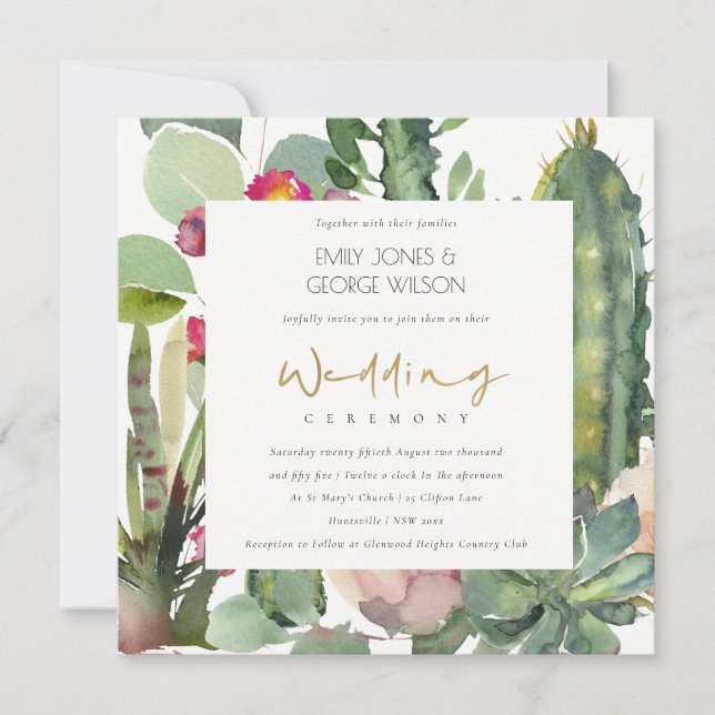 INVITACIÓN ELEGANTE BOHO PINK FLORAL CACTI BODA FOLIAGE (Anverso)