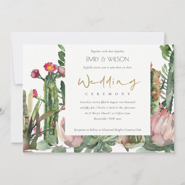 INVITACIÓN ELEGANTE BOHO PINK FLORAL CACTI BODA FOLIAGE (Anverso)