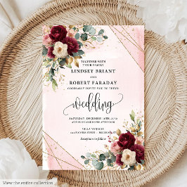 Invitación Elegante Boho Red Deep Rubor Gold Flores