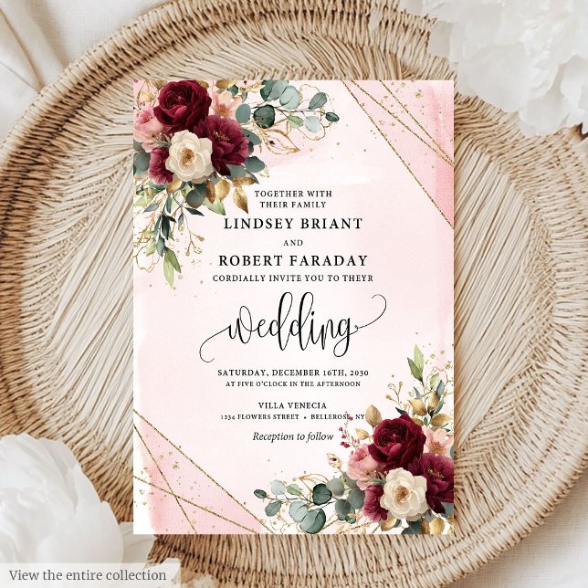Invitación Elegante Boho Red Deep Rubor Gold Flores (Stylish Boho Deep Red Blush Gold Flowers Elegant Invitation)