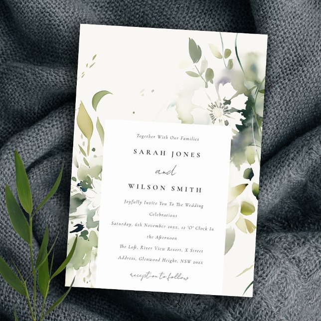 Invitación Elegante Boho Resumen Boda Floral Blanca Verde (Subido por el creador)