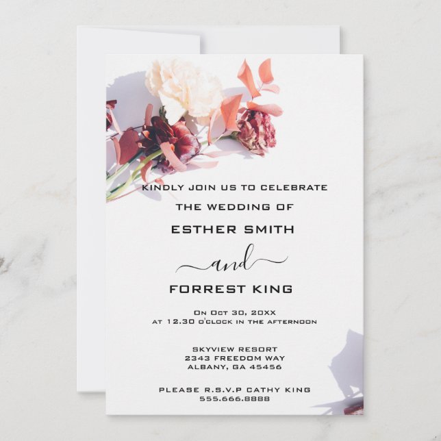 Invitación Elegante Boho Retro Floral Rosa y Boda Blanco (Anverso)