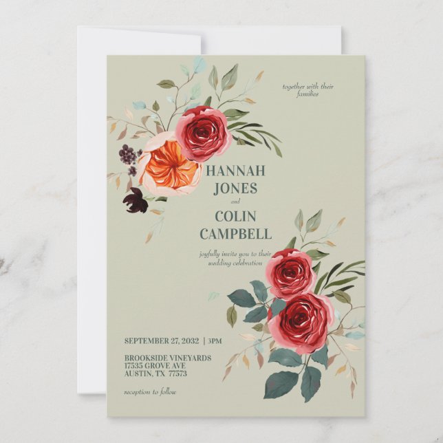 Invitación Elegante Boho rojo Naranja gris Boda (Anverso)
