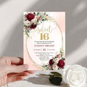 Invitación Elegante Boho Rojo Oscuro Floral Dorado Cumpleaños