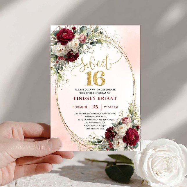 Invitación Elegante Boho Rojo Oscuro Floral Dorado Cumpleaños (Elegant Boho Dark Red Gold Floral Sweet Sixteen Invite)