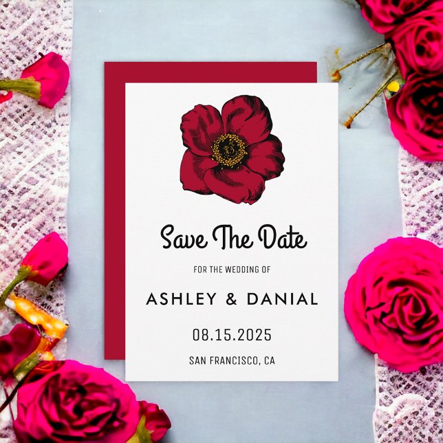 Invitación Elegante Boho rojo rosa floral Boda Salvar la fech (Subido por el creador)