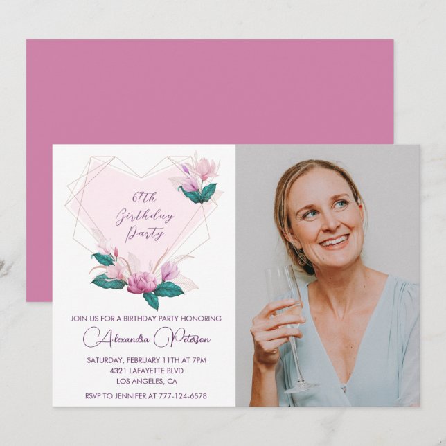 Invitación Elegante Boho Rosa Floral Foto 67 cumpleaños (Anverso / Reverso)