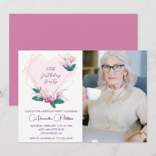 Invitación Elegante Boho Rosa Floral Foto 99 cumpleaños