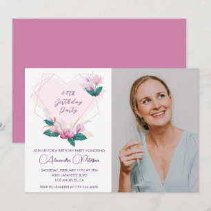 Invitación Elegante Boho Rosa Floral Foto Cumpleaños 44
