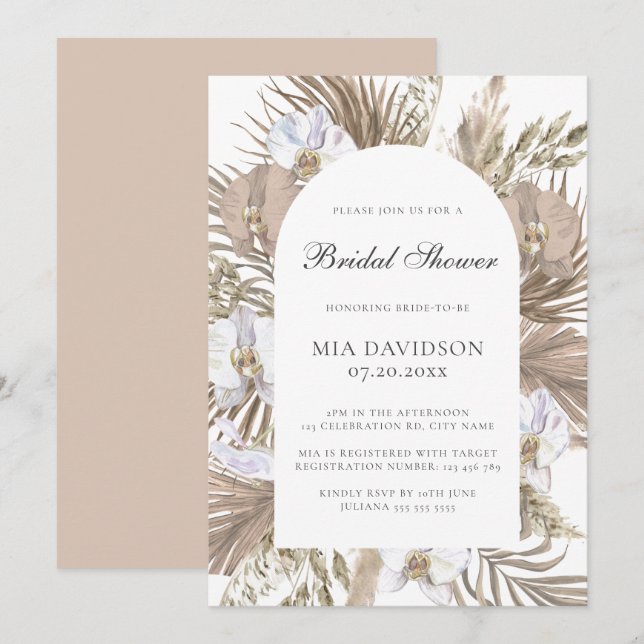 Invitación Elegante Boho Rosa Pampas Floral Arch Bridal Showe (Anverso / Reverso)