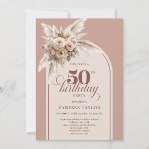 Invitación Elegante Boho Rosa Polvo de Pampas Floral 50 Cumpl