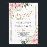 Invitación Elegante boho rosa rosa dorado floral dulce diecis<br><div class="desc">Elegante boho color rosa de color dorado floral dulce de dieciséis invitaciones,  Contáctenme para ver artículos a juego o para personalización,  Rosas de Rubor ©</div>