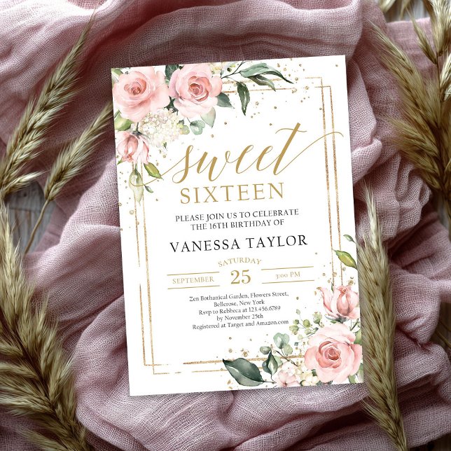 Invitación Elegante boho rosa rosa dorado floral dulce diecis (Elegant boho blush pink floral gold sweet sixteen invitation)