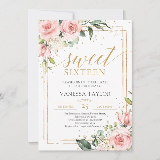 Invitación Elegante boho rosa rosa dorado floral dulce diecis (Anverso)