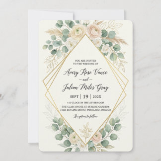Invitación Elegante Boho Rubor Floral Geométrico Dorado Boda