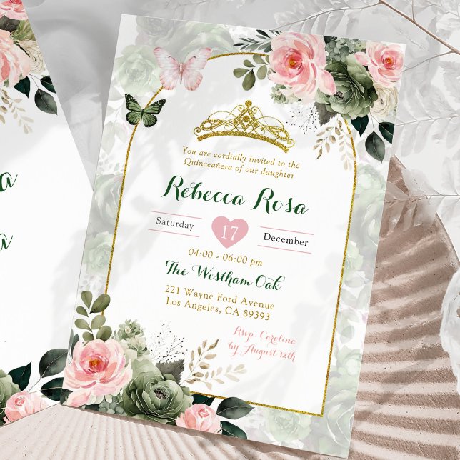 Invitación Elegante Boho Rubor Pink Sage Green Quinceañera (Subido por el creador)