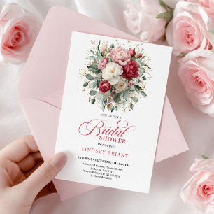 Invitación Elegante Boho Rubor Rojo Floral Dorado Despedida d