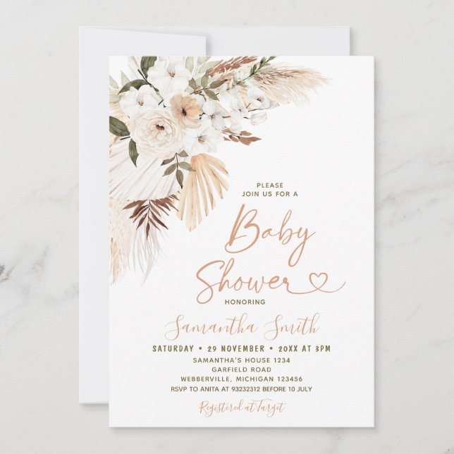 Invitación Elegante Boho Terracota Flores Blancas Baby Shower (Anverso)