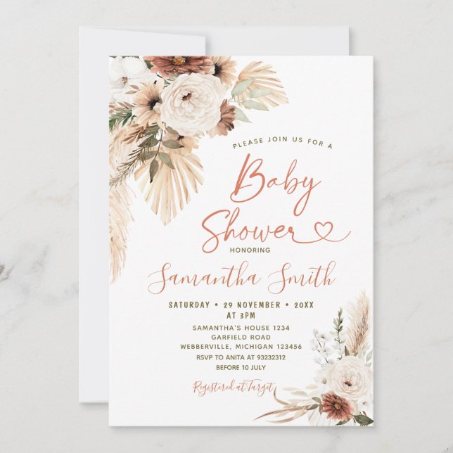 Invitación Elegante Boho Terracota White Floral Baby Shower (Anverso)