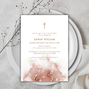 Invitación Elegante Boho Terracotta Agate Gold Cross Baptism