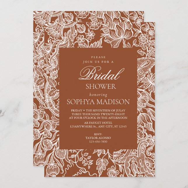 Invitación Elegante Boho Terracotta Line Art Wildflower (Anverso / Reverso)