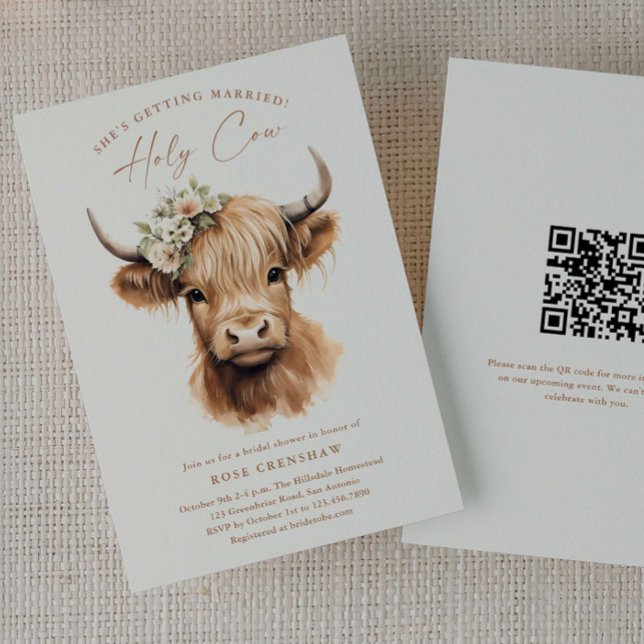 Invitación Elegante Boho Vaca de las Tierras Altas Código QR  (Elegant Highland Cow QR code Bridal Shower Invitations.)