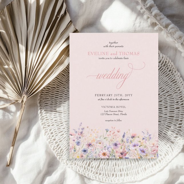Invitación Elegante boho verano morado y flores silvestres ro (Elegant boho summer purple and pink wildflowers invitation)