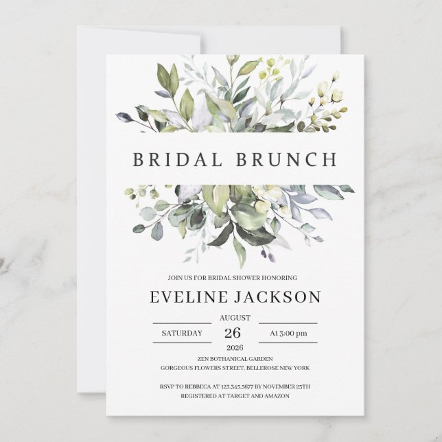 Invitación Elegante boho verde follaje brunch de novia (Anverso)