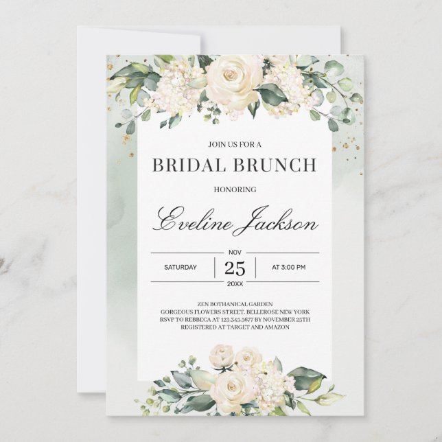 Invitación Elegante boho verde rosas blancas brunch de novia (Anverso)
