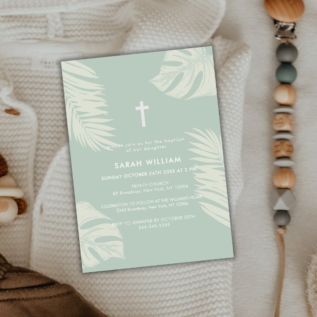 Invitación Elegante Boho verde sabio deja el bautismo cruzado (Elegant Sage Green Boho Leave Gold Cross Baptism Invitation)