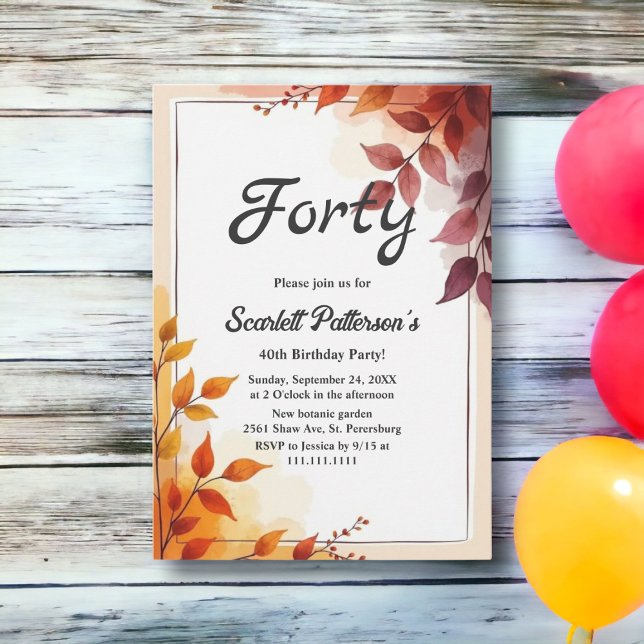 Invitación Elegante Boho Watercolor Floral otoño 40 cumpleaño (Subido por el creador)
