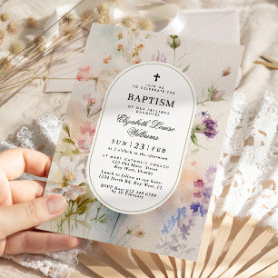 Invitación Elegante Boho Watercolor Flores salvajes Bautismo