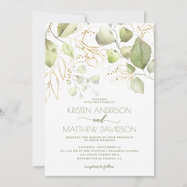 Invitación Elegante Boho Watercolor Greenery Gold Boda (Anverso)