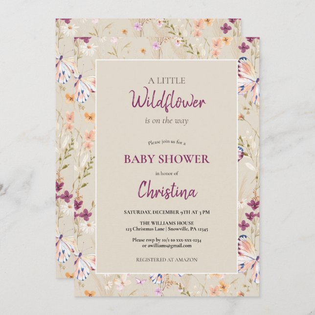 Invitación Elegante Boho Watercolor Wildflower Baby Shower (Anverso / Reverso)