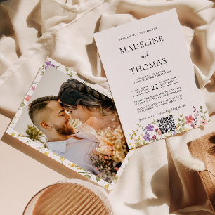 Invitación Elegante Boho Wild Flower Foto Boda de código QR